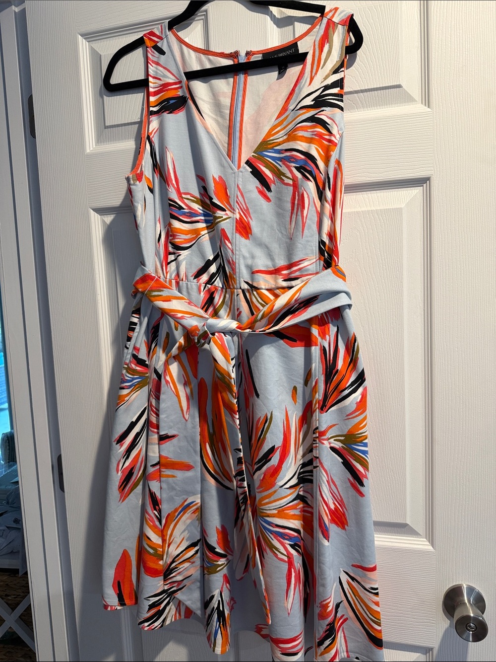Sleeveless Floral Print A-Line Dress in Light Blue and Orange